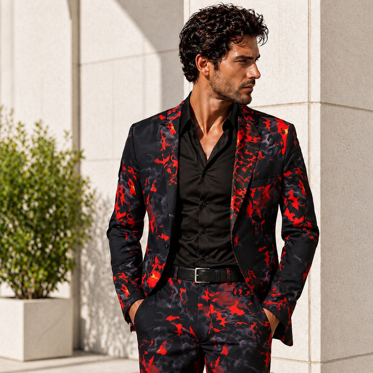Wisholic men's red and black flame pattern printed suit set featuring a fitted blazer and matching trousers.