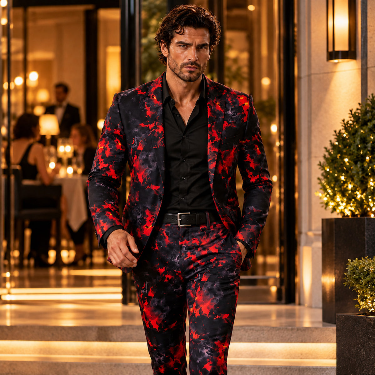 Full-length shot of a man walking outdoors in Wisholic red and black flame printed 2-piece suit.