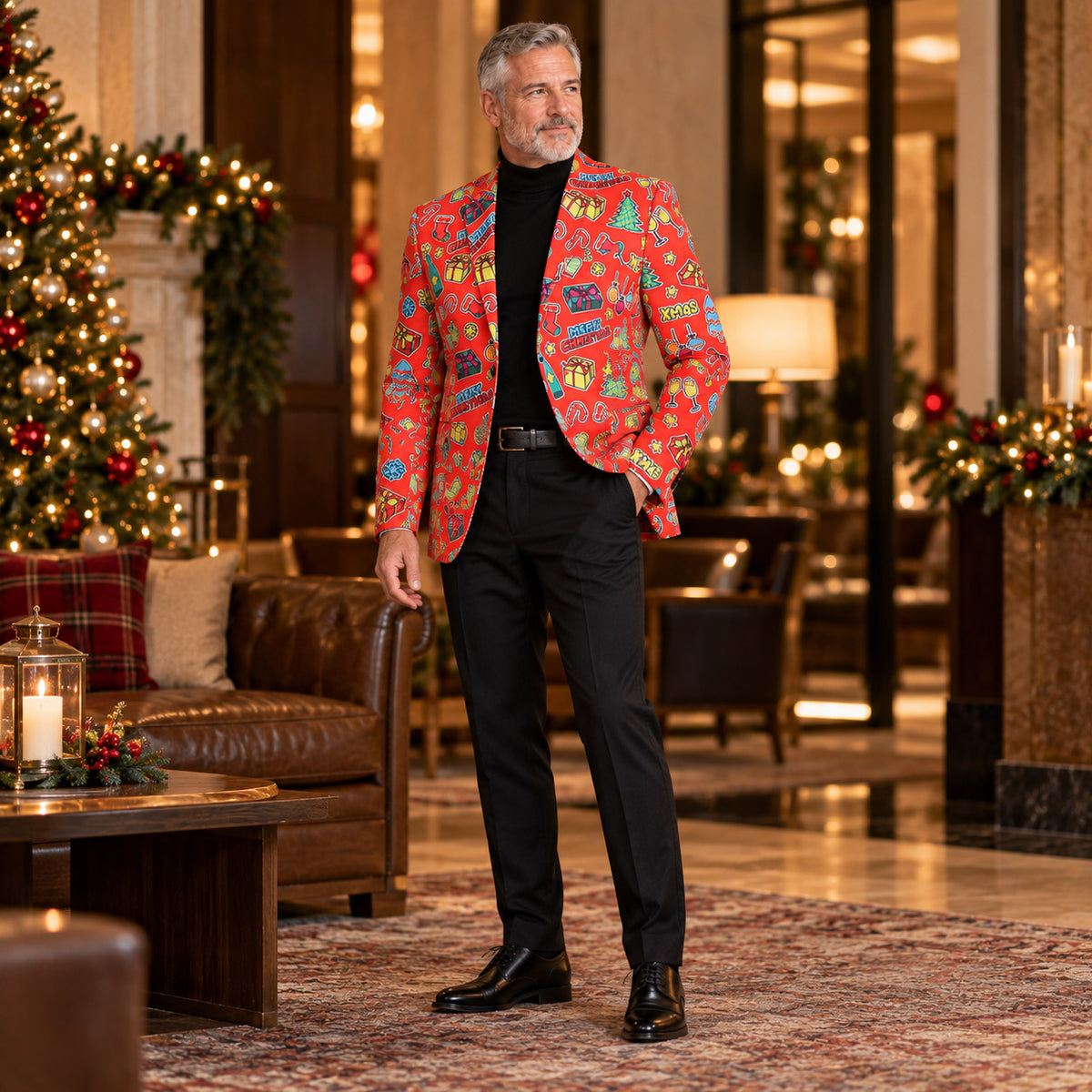 Wisholic red holiday festive printed blazer styled with black dress pants and classic black leather dress shoes