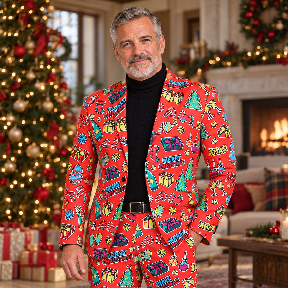 Wisholic men's festive red Christmas print suit jacket worn over a black turtleneck by a Christmas tree fireplace