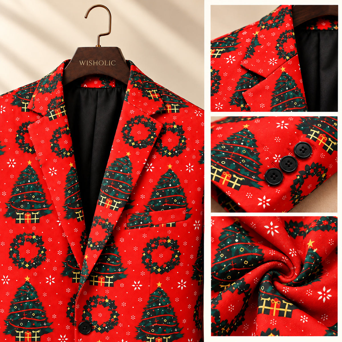 Close-up details of Wisholic men's red Christmas printed suit including lapel collar, sleeve cuff buttons, and premium fabric texture.
