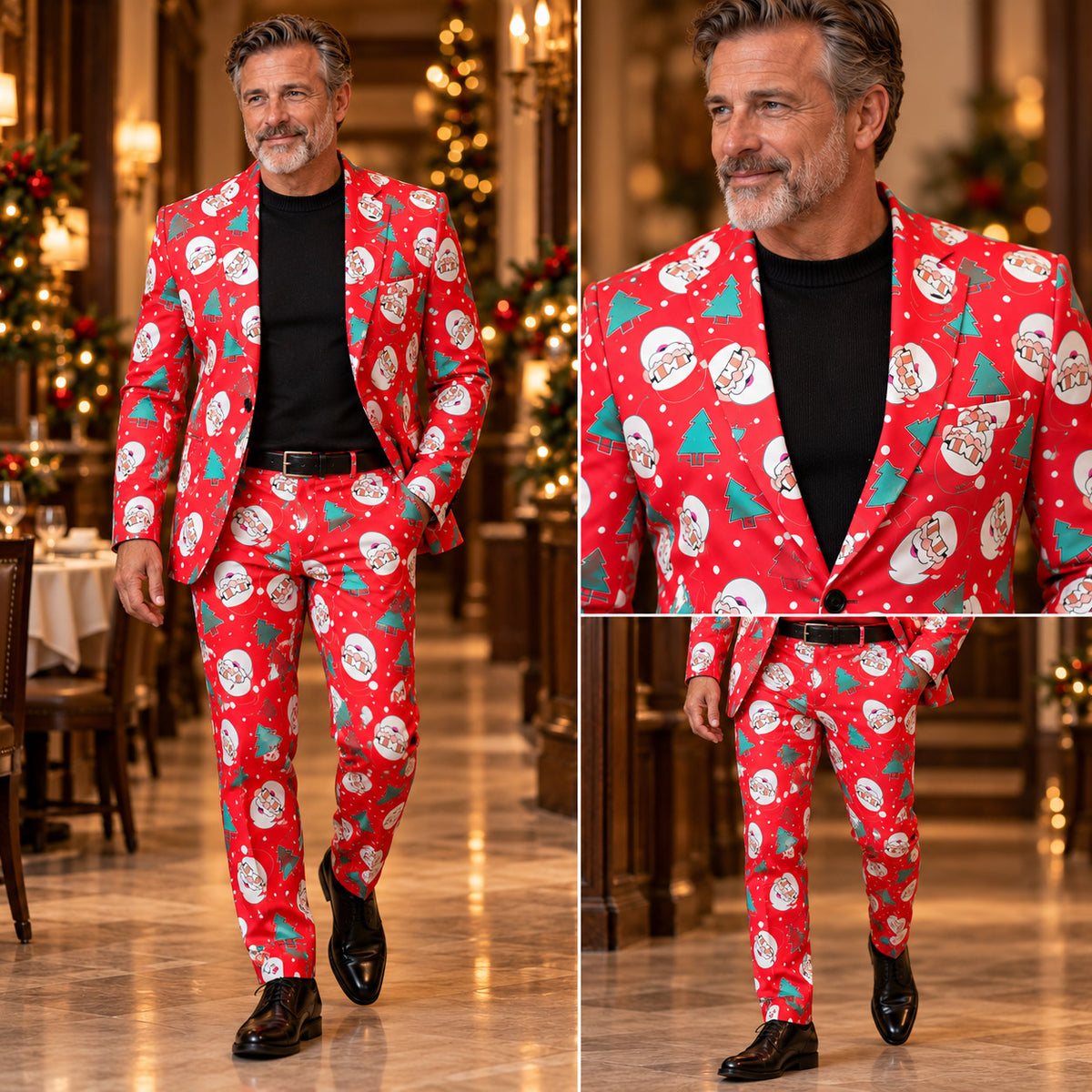 Full body fit and close-up views of Wisholic men's red Christmas patterned suit with slim-fit trousers and blazer