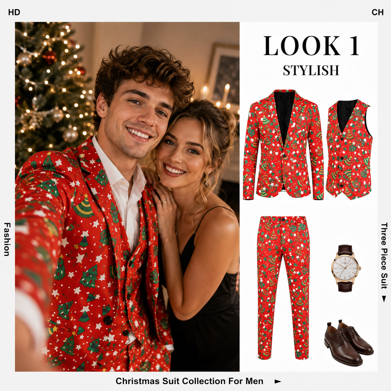 Men's red Christmas tree printed vest and pants suit set display | WISHOLIC