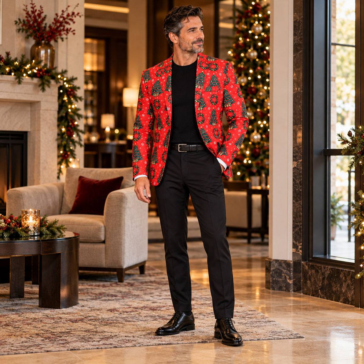 Wisholic men's red festive Christmas tree blazer jacket styled with solid black trousers and crewneck sweater for holiday party wear