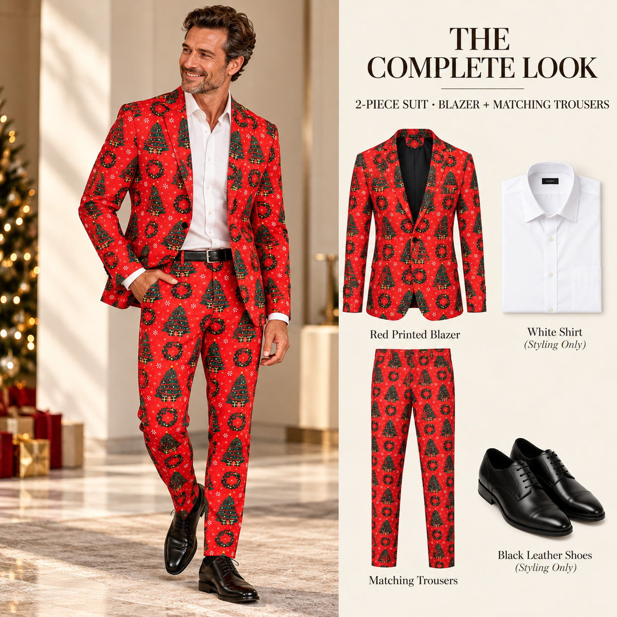 Wisholic men's red Christmas tree printed 2-piece suit complete look breakdown showing blazer, matching trousers, white shirt, and black dress shoes.
