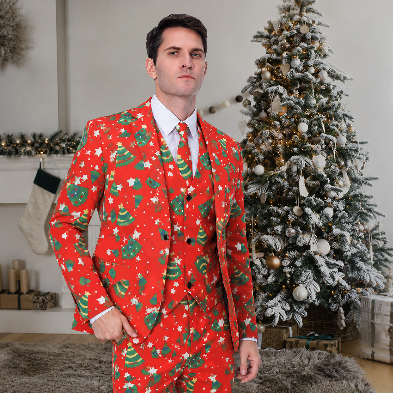 Men's red Christmas tree printed 3-piece suit front view | WISHOLIC