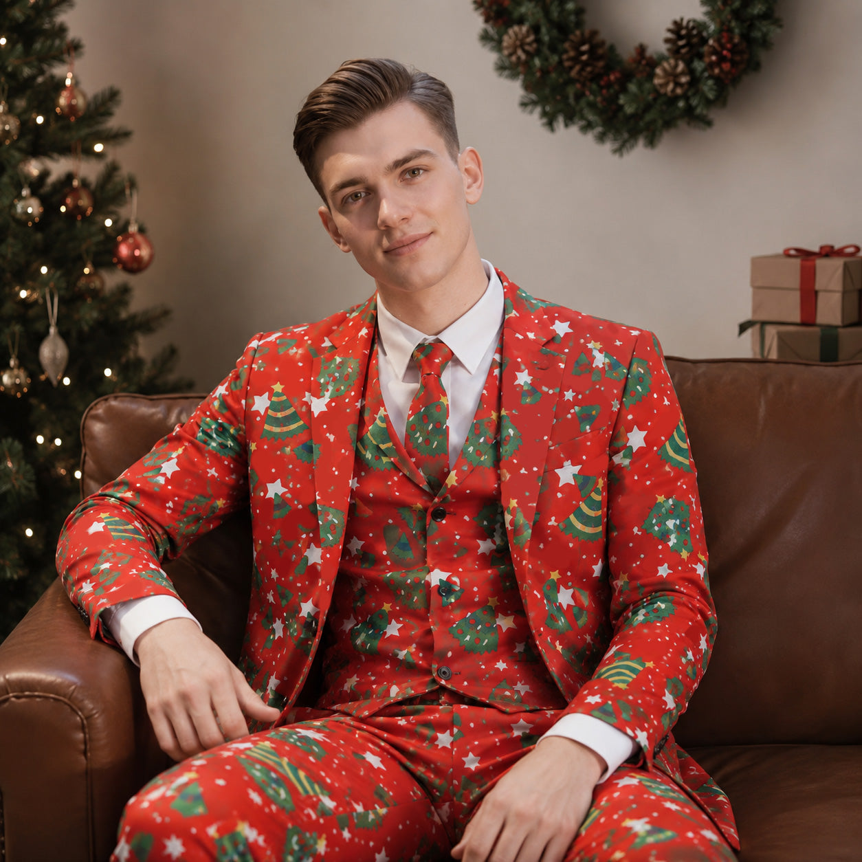 Man sitting on a sofa wearing a red Christmas tree printed suit | WISHOLIC
