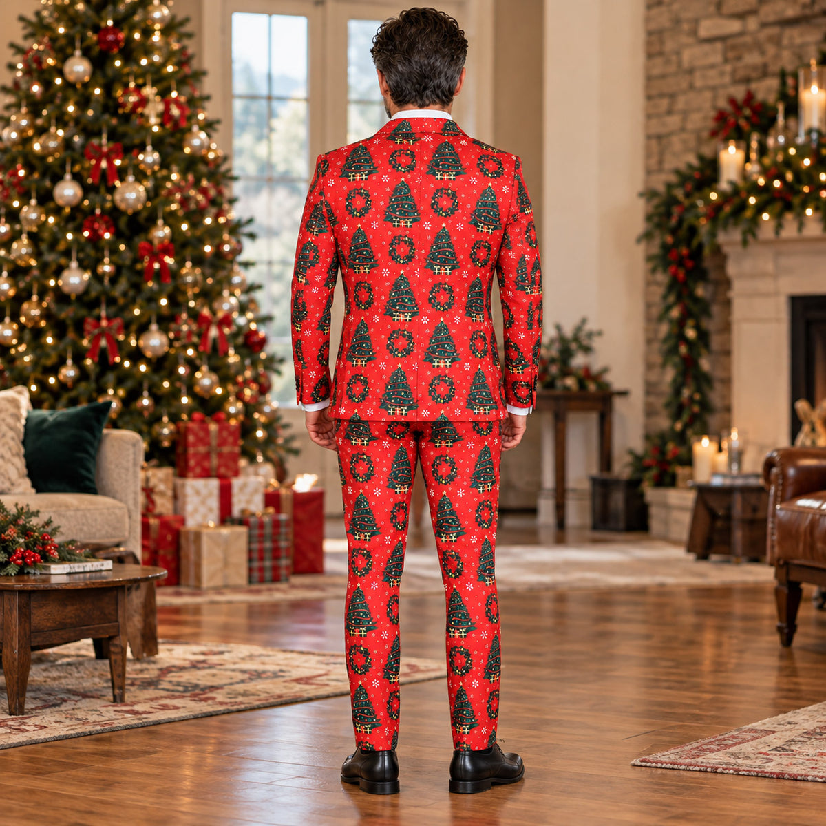 Back view of Wisholic tailored men's festive red Christmas tree and wreath printed suit showing smooth fit beside holiday tree