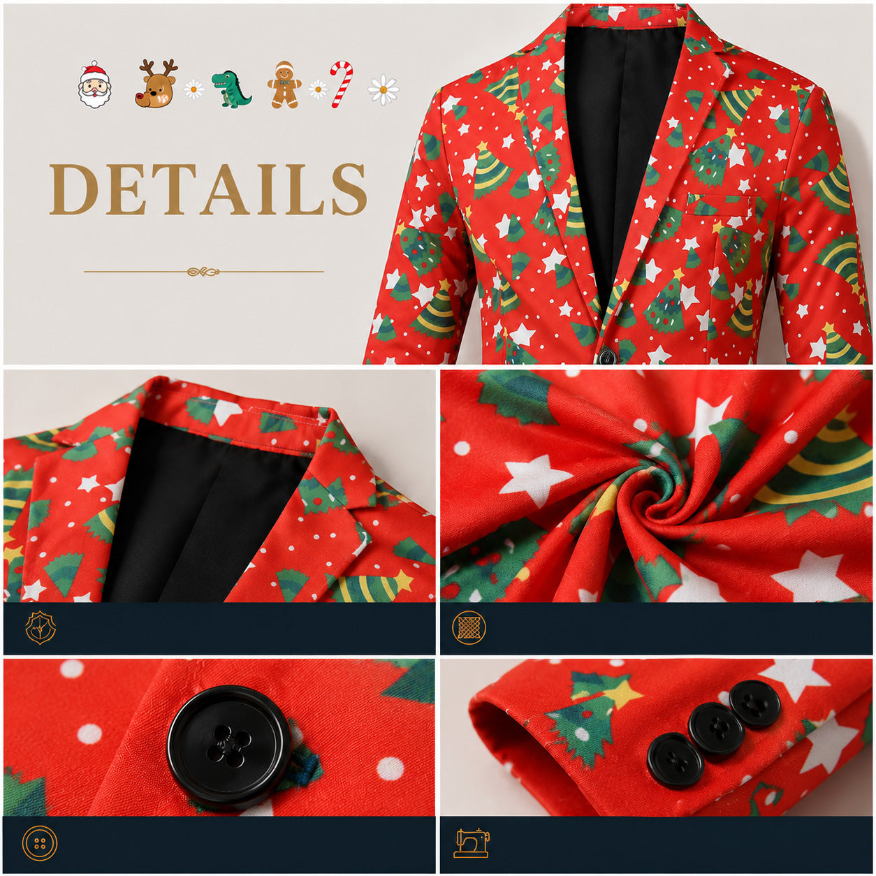 Detailed close-up of fabric, lapel, and buttons on men's red Christmas tree suit | WISHOLIC