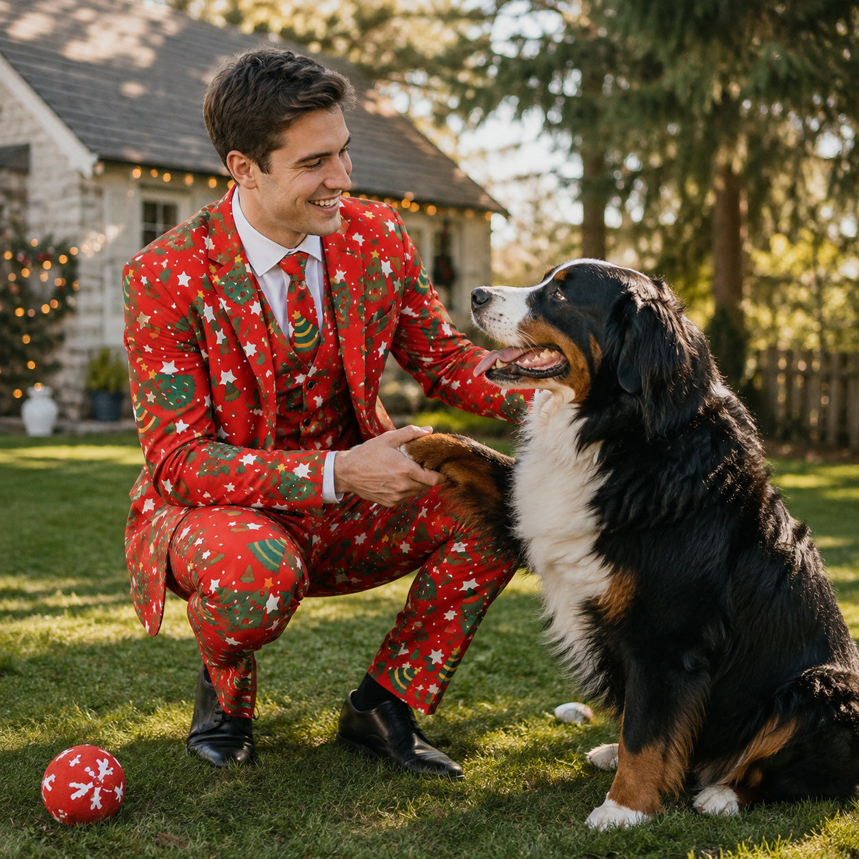 Man crouching with a dog outdoors in a red Christmas tree suit | WISHOLIC