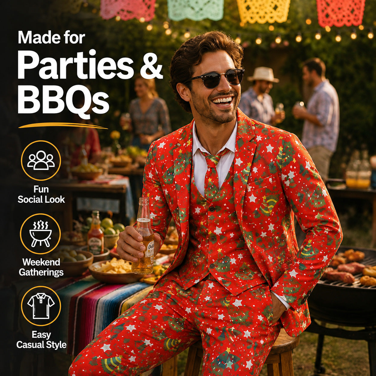 Man enjoying a holiday BBQ party in a red Christmas tree suit | WISHOLIC