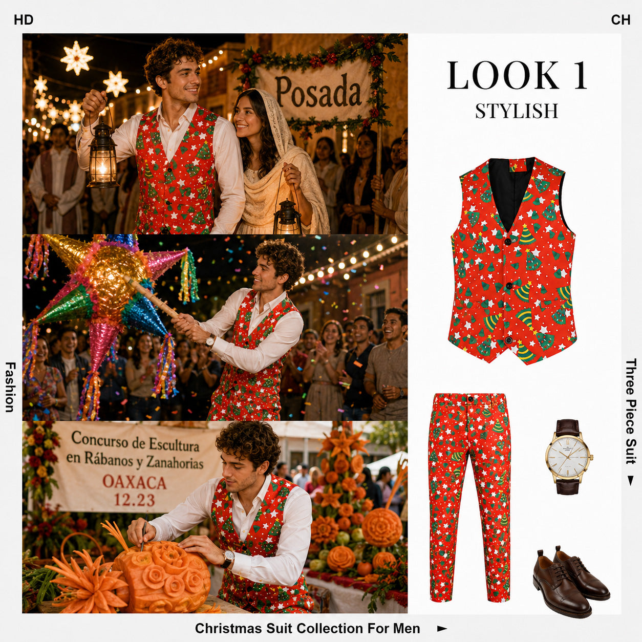 Men's red Christmas tree 3-piece suit outfit display and lookbook | WISHOLIC