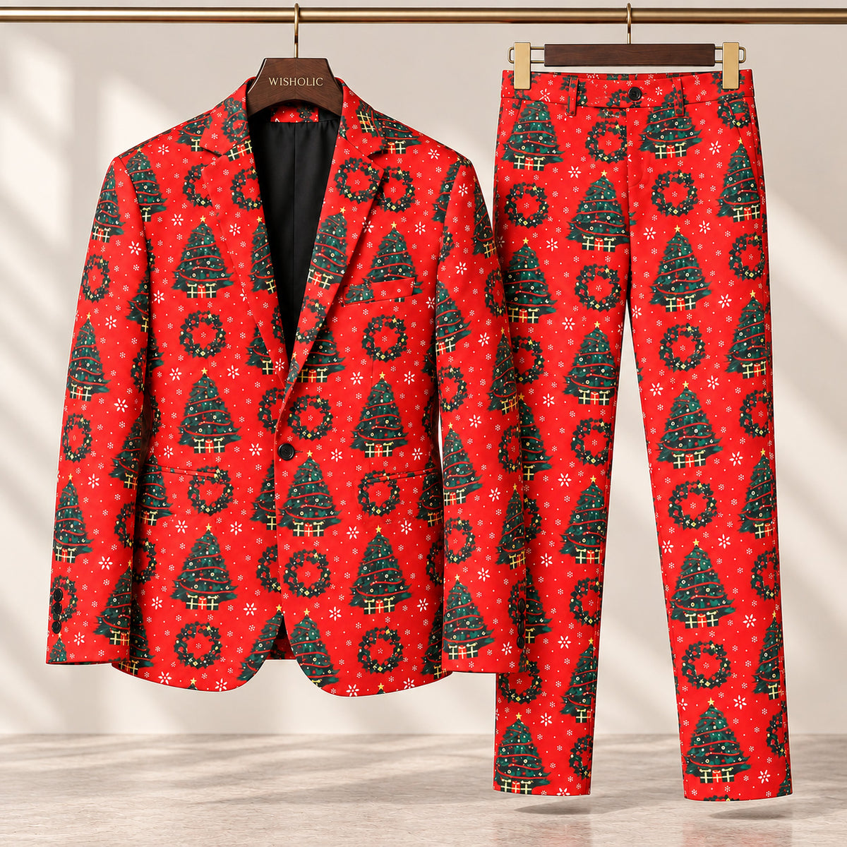 Wisholic men's red festive Christmas suit set with blazer and trousers featuring printed christmas trees and wreaths design.