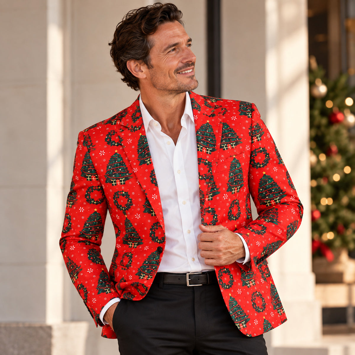 Wisholic men's red Christmas printed blazer jacket with green christmas trees and wreaths pattern styled with white dress shirt.