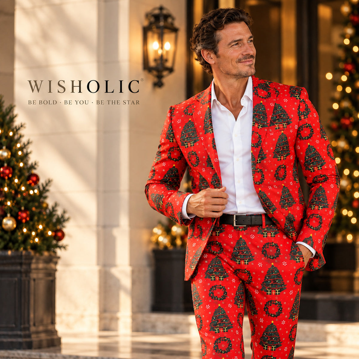Wisholic luxury men's red Christmas printed suit worn by model in a festive holiday background.
