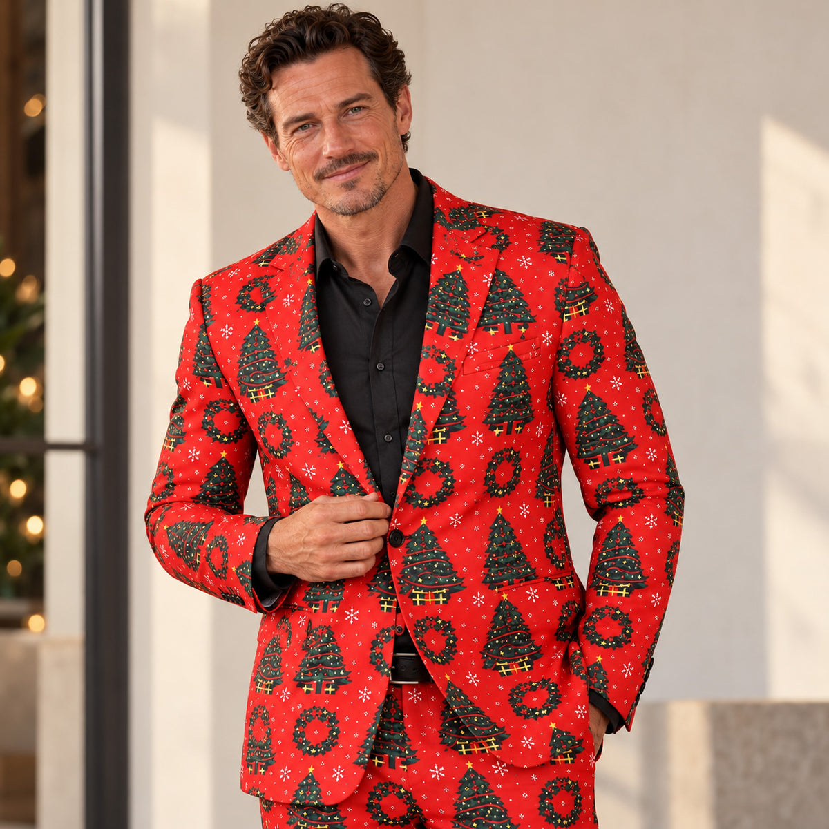 Wisholic men's red Christmas suit featuring festive green christmas trees, wreaths, and snowflakes pattern worn by model.