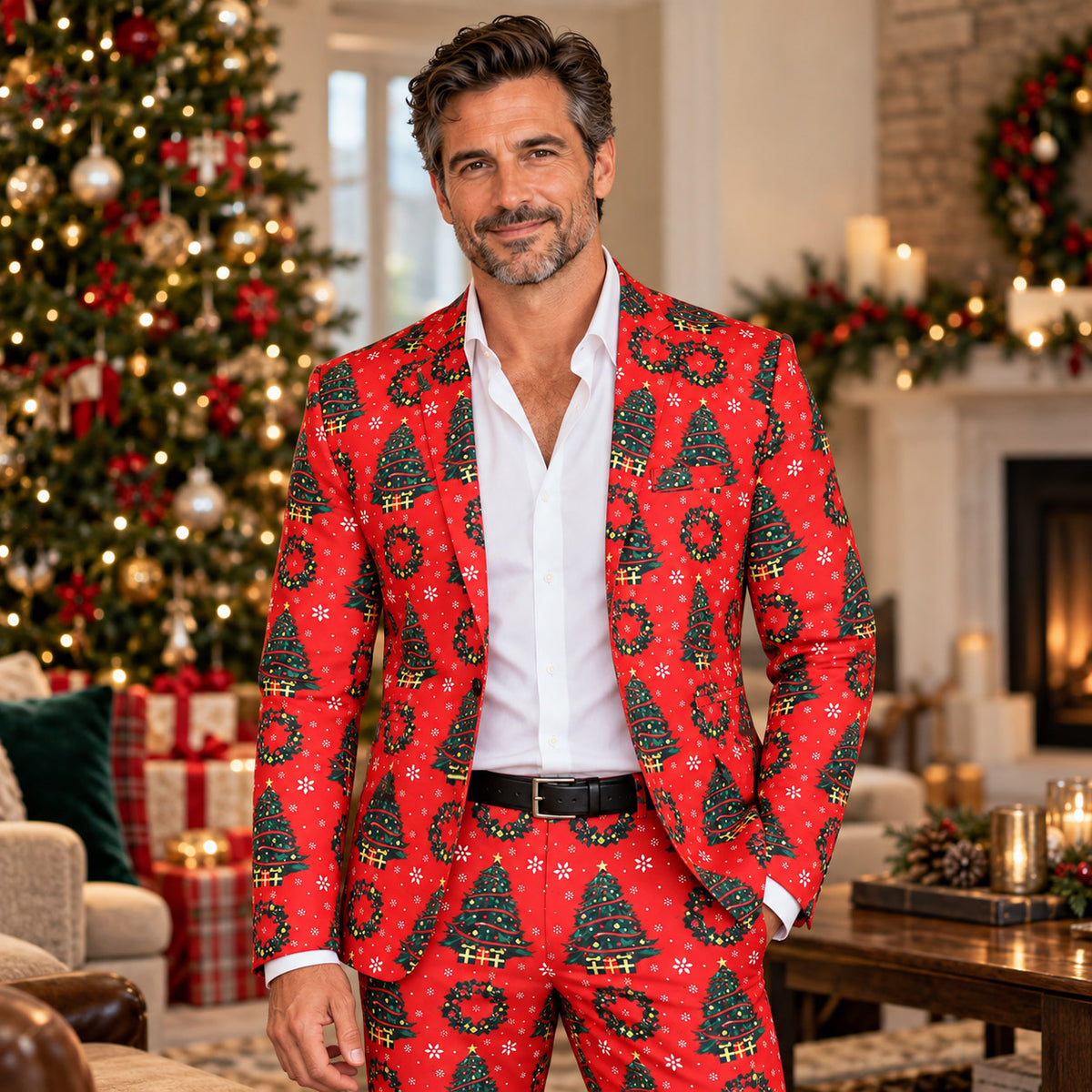 Wisholic men's festive red Christmas suit with all-over decorated Christmas tree and wreath print styled with white dress shirt