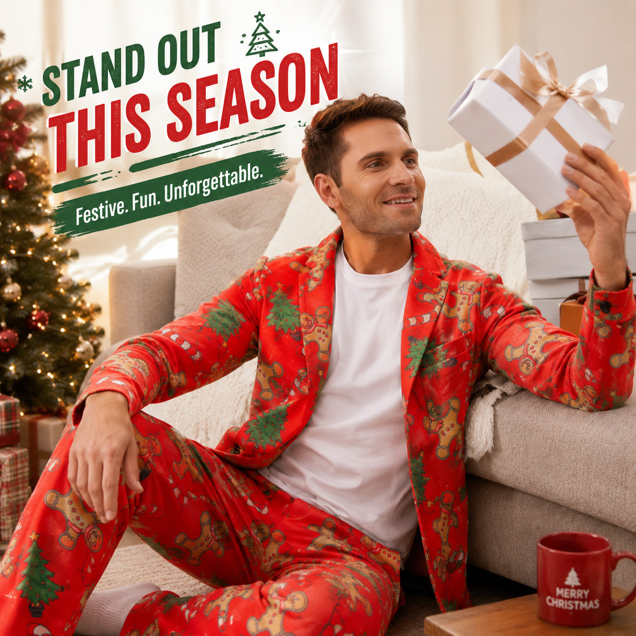 Wisholic men's red gingerbread pattern holiday suit promo banner showing man holding a Christmas gift box