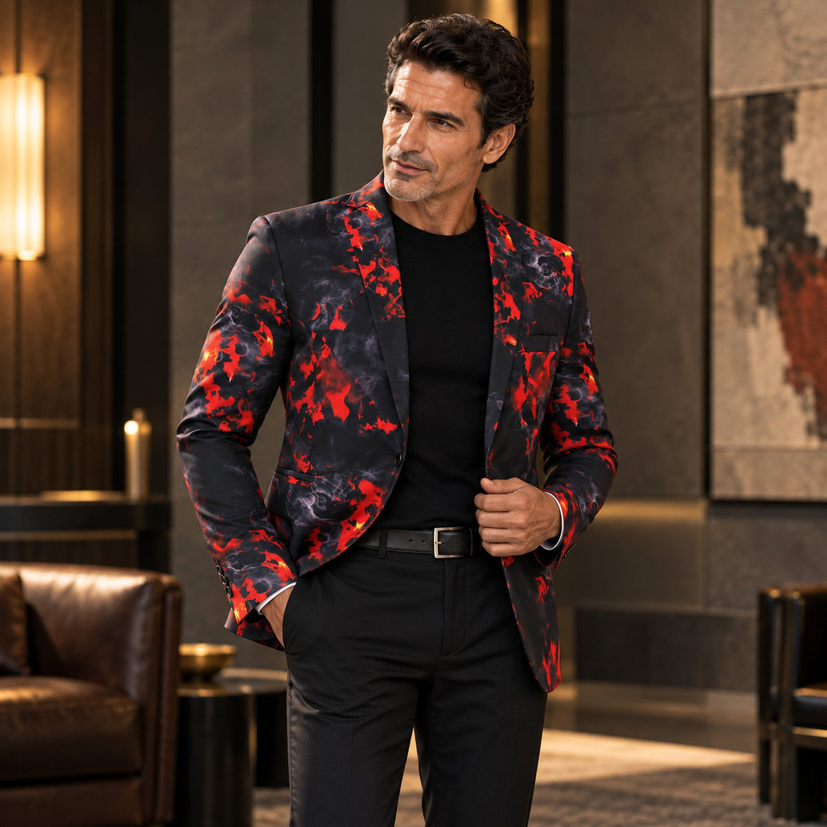 Wisholic men's red fire printed blazer styled casually with a black fitted t-shirt and black trousers