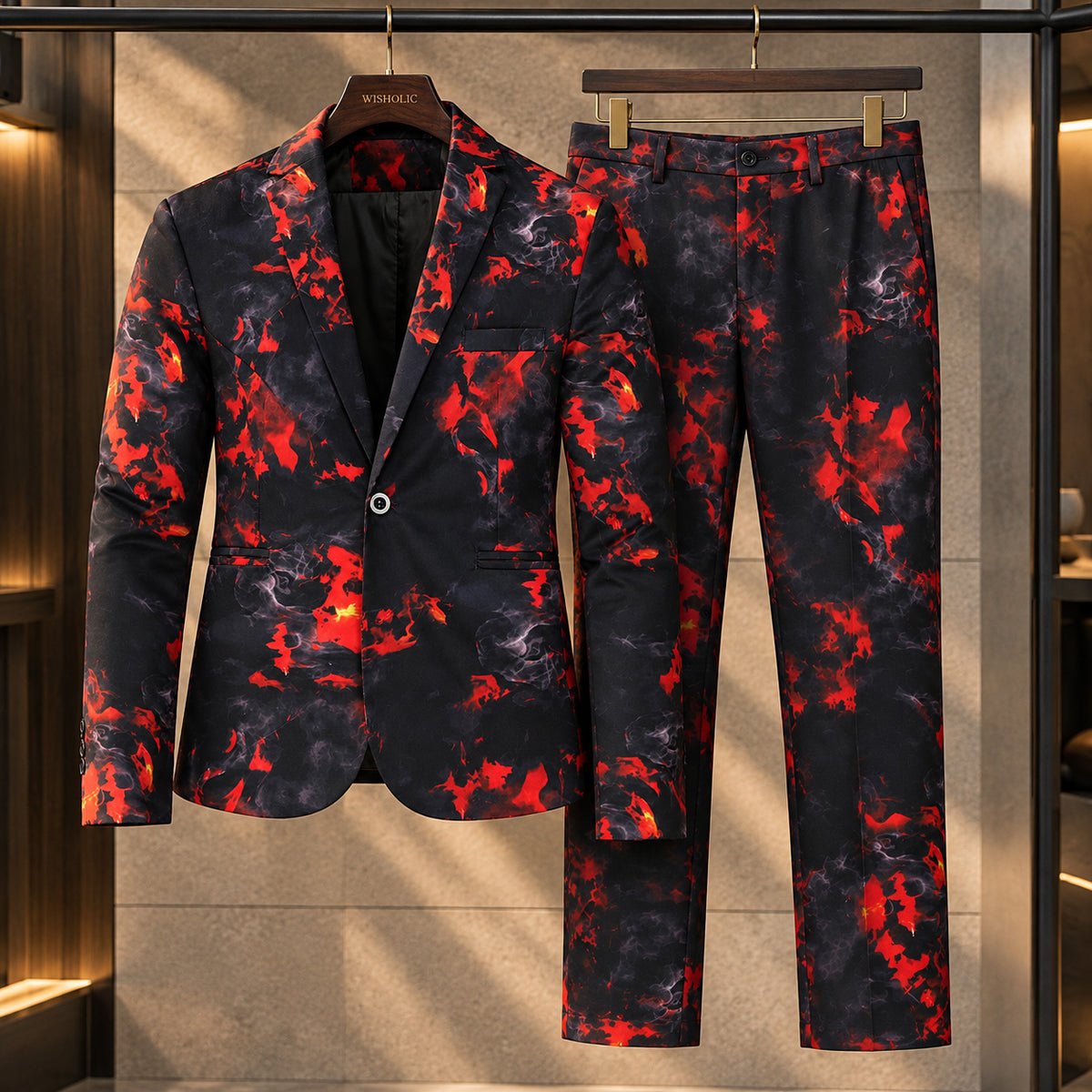 Wisholic 2-piece men's suit set including red fire smoke pattern blazer and matching trousers on hanger