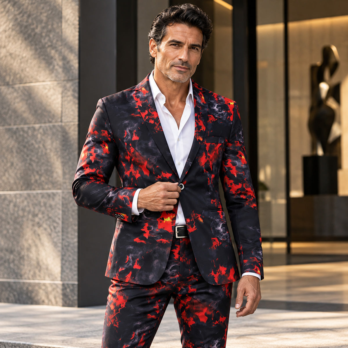 Wisholic men's slim fit red flame printed suit jacket paired with a white dress shirt