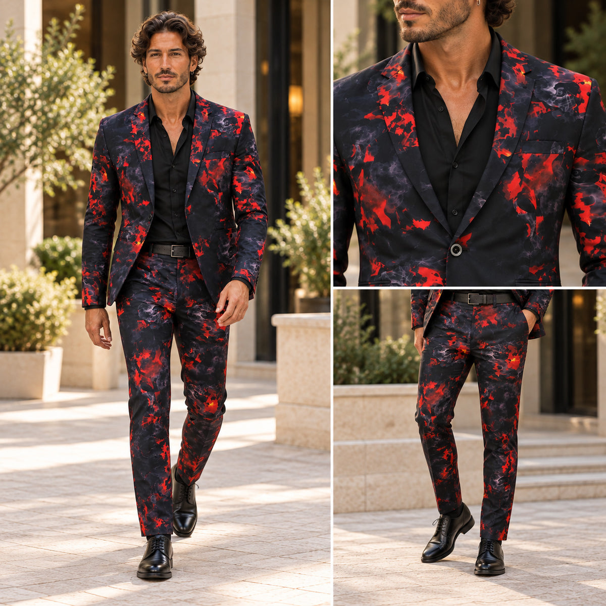Full body and close-up fit details of Wisholic men's red and black abstract flame printed statement suit