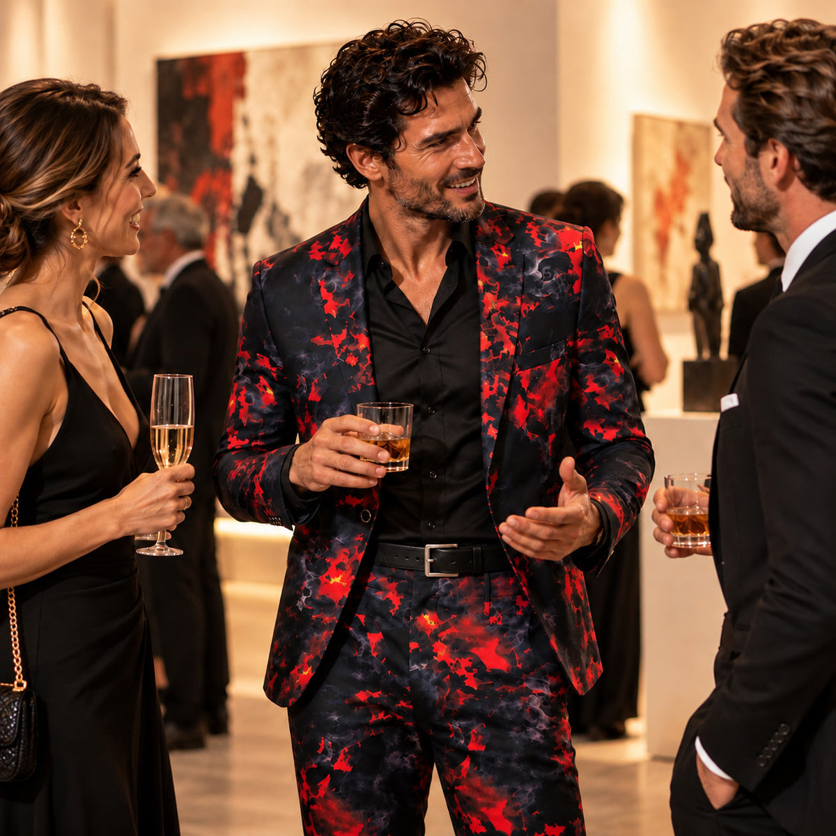 Man wearing Wisholic red and black flame printed formal suit at an evening cocktail party or gallery event.