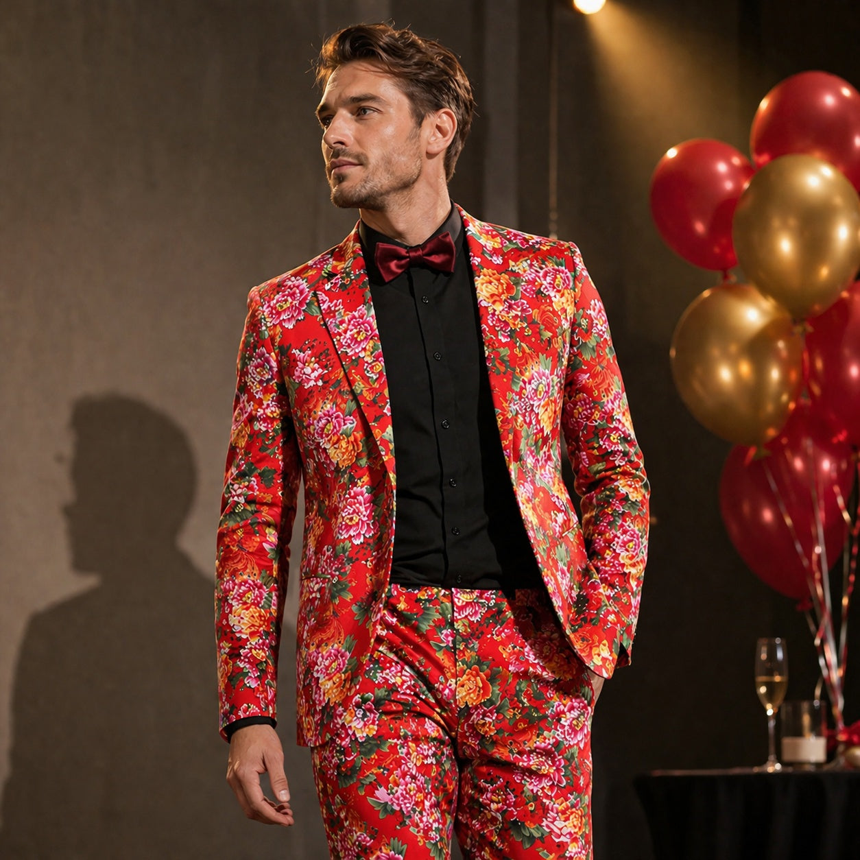 A stylish man in a bold Wisholic red floral suit with a black shirt and bowtie at a celebration with gold balloons.