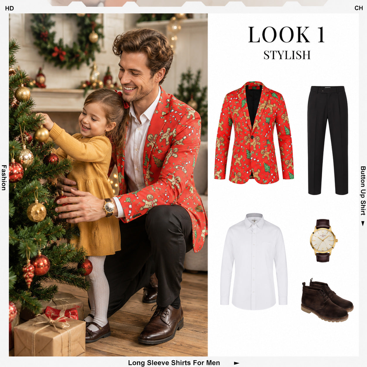 Wisholic men's red gingerbread Christmas blazer paired with black formal trousers and white shirt for family holiday moments
