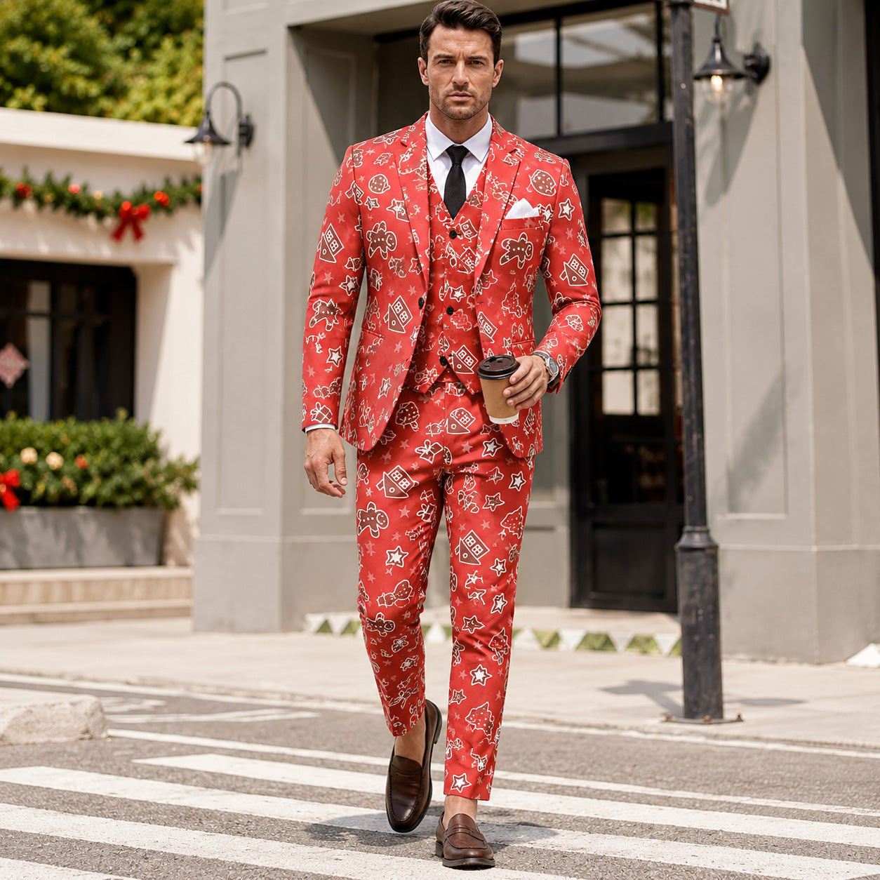 Model sitting outdoors in a red Christmas gingerbread printed suit set by WISHOLIC.