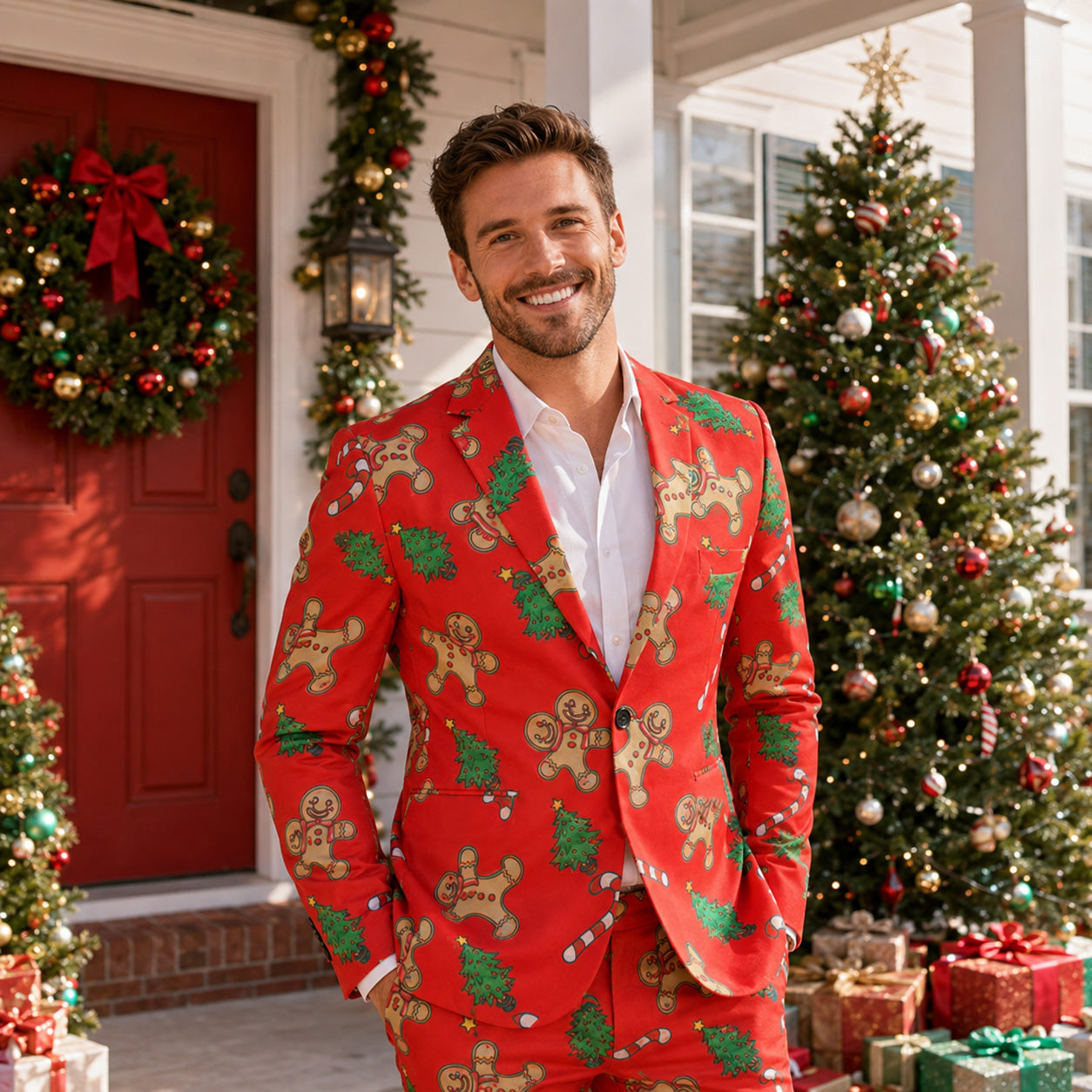 Wisholic men's red ugly Christmas suit with gingerbread man and Christmas tree print standing outdoors near holiday decorations