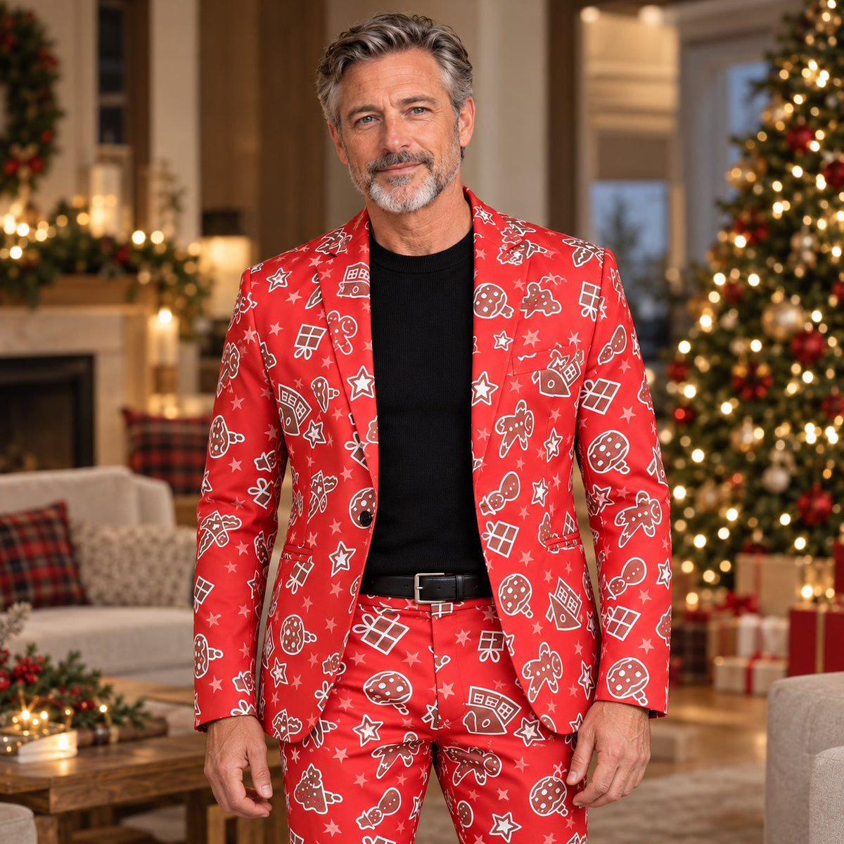 Wisholic men's festive red Christmas suit with gingerbread and holiday cookie print, front view lifestyle