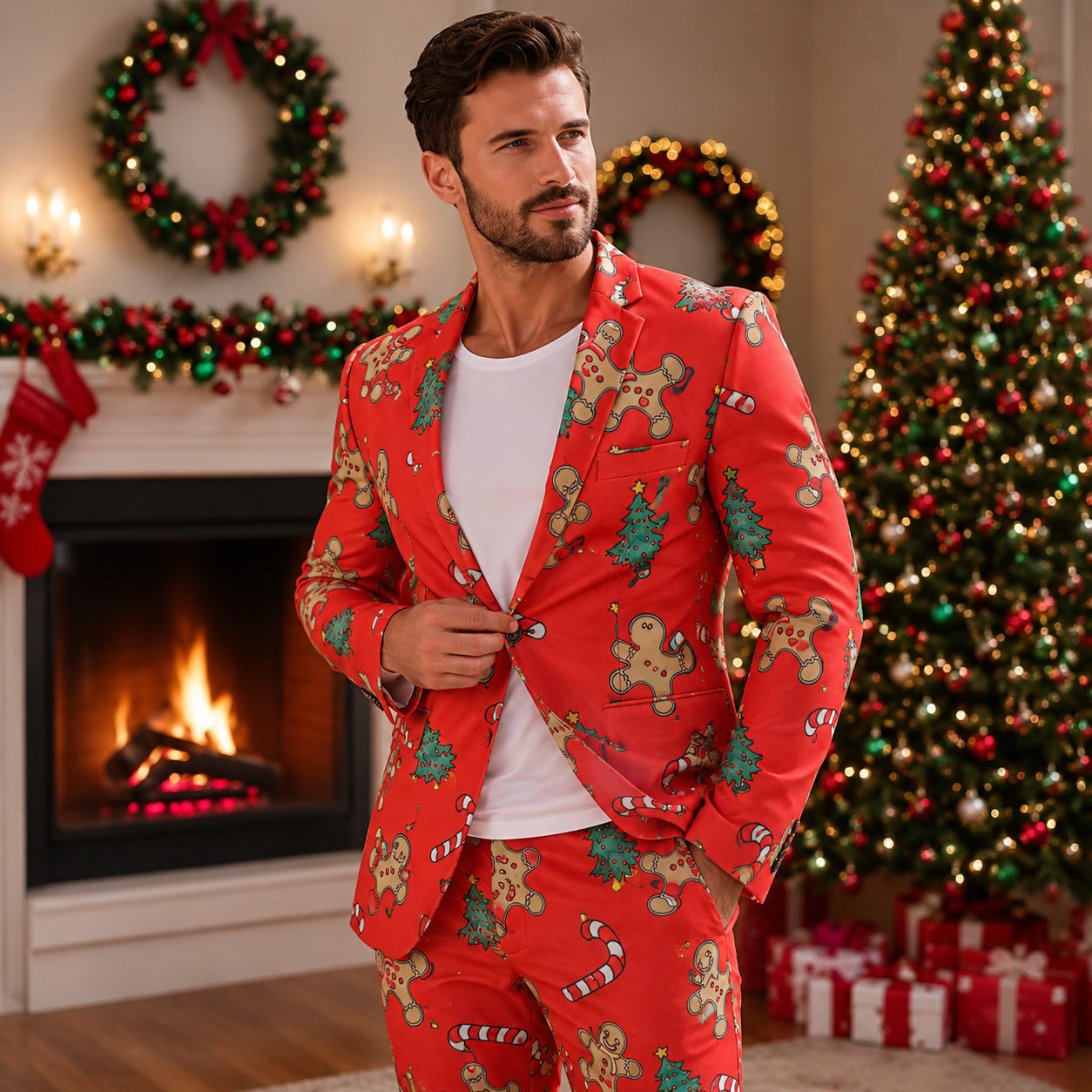 Handsome man wearing Wisholic red gingerbread pattern holiday blazer set standing by a glowing fireplace