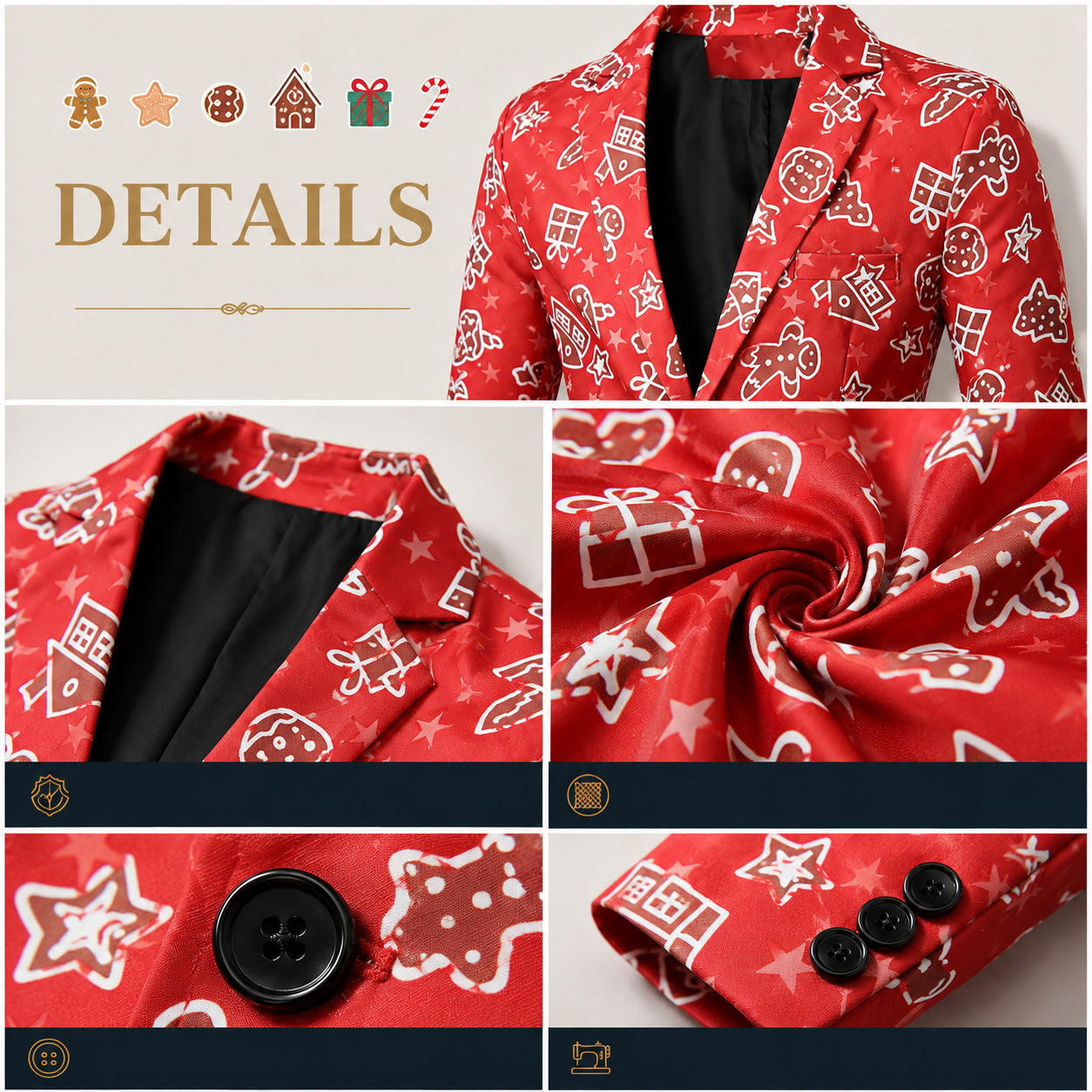 Detailed close-up of fabric quality, lapel, and cuff buttons on WISHOLIC red gingerbread printed suit jacket.