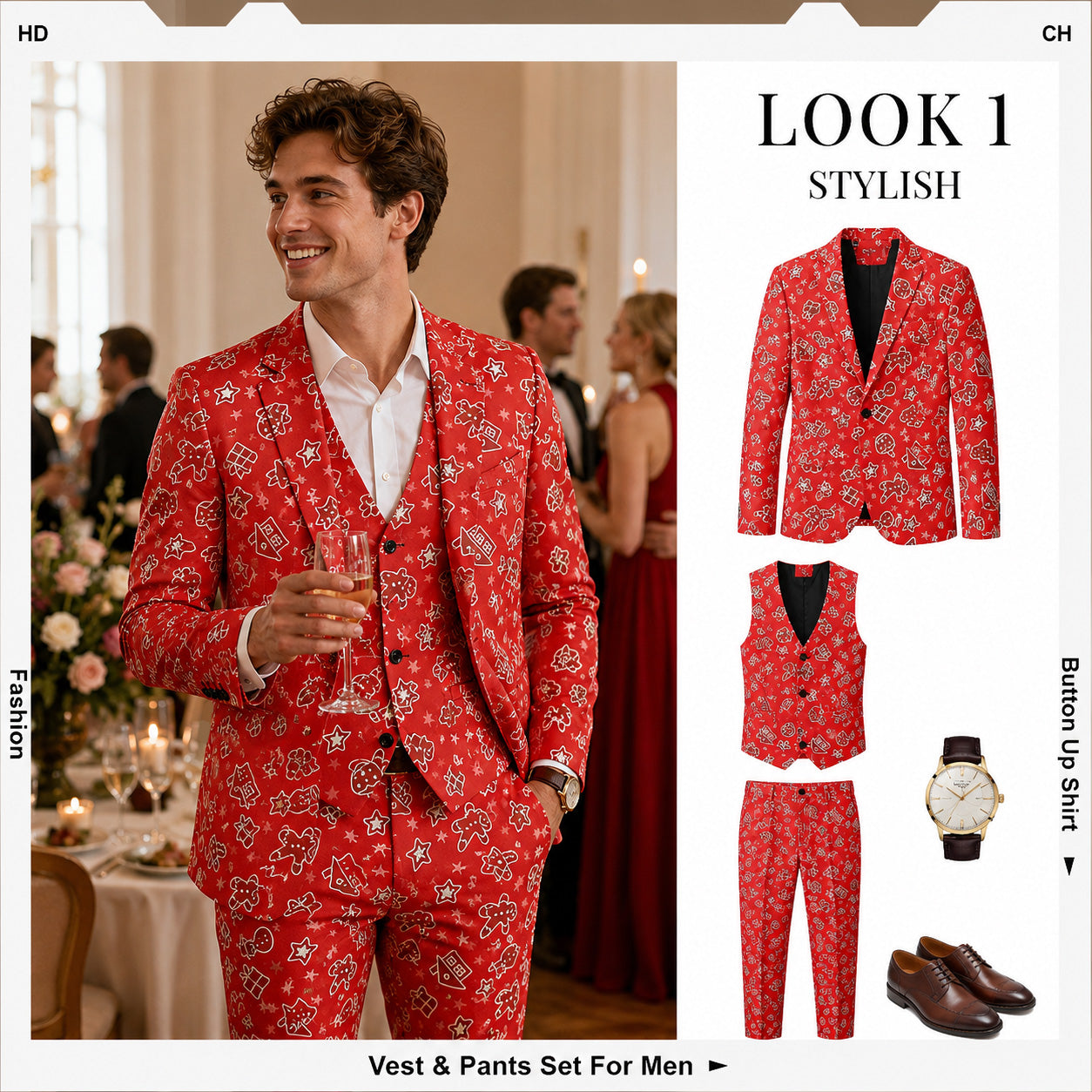 WISHOLIC men's red gingerbread printed suit jacket, vest, and pants set styled for holiday party.