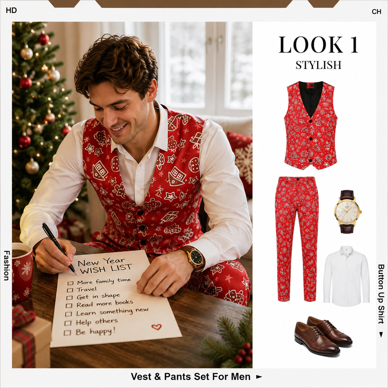 Man writing a wish list in a red gingerbread printed vest and trousers set by WISHOLIC.
