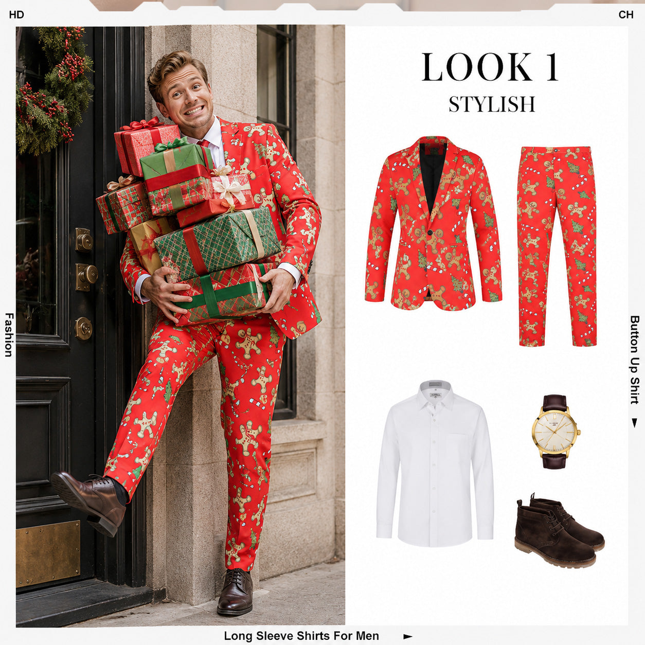 Wisholic men's red Christmas suit style guide with matching blazer, trousers, white shirt, and ankle boots
