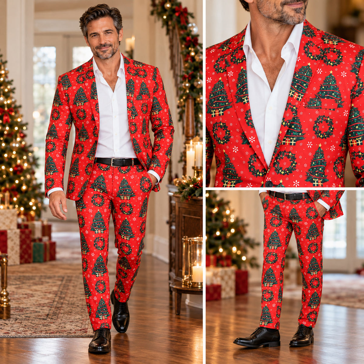 Full body fit and close-up views of Wisholic men's festive red Christmas tree suit with tailored straight-leg pants and blazer jacket