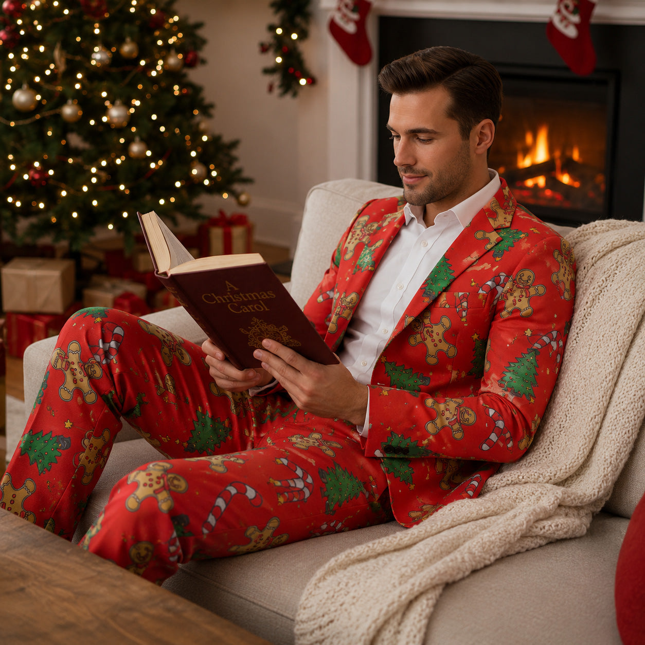 Man in Wisholic red festive gingerbread suit reading a book comfortably on a sofa near the Christmas tree