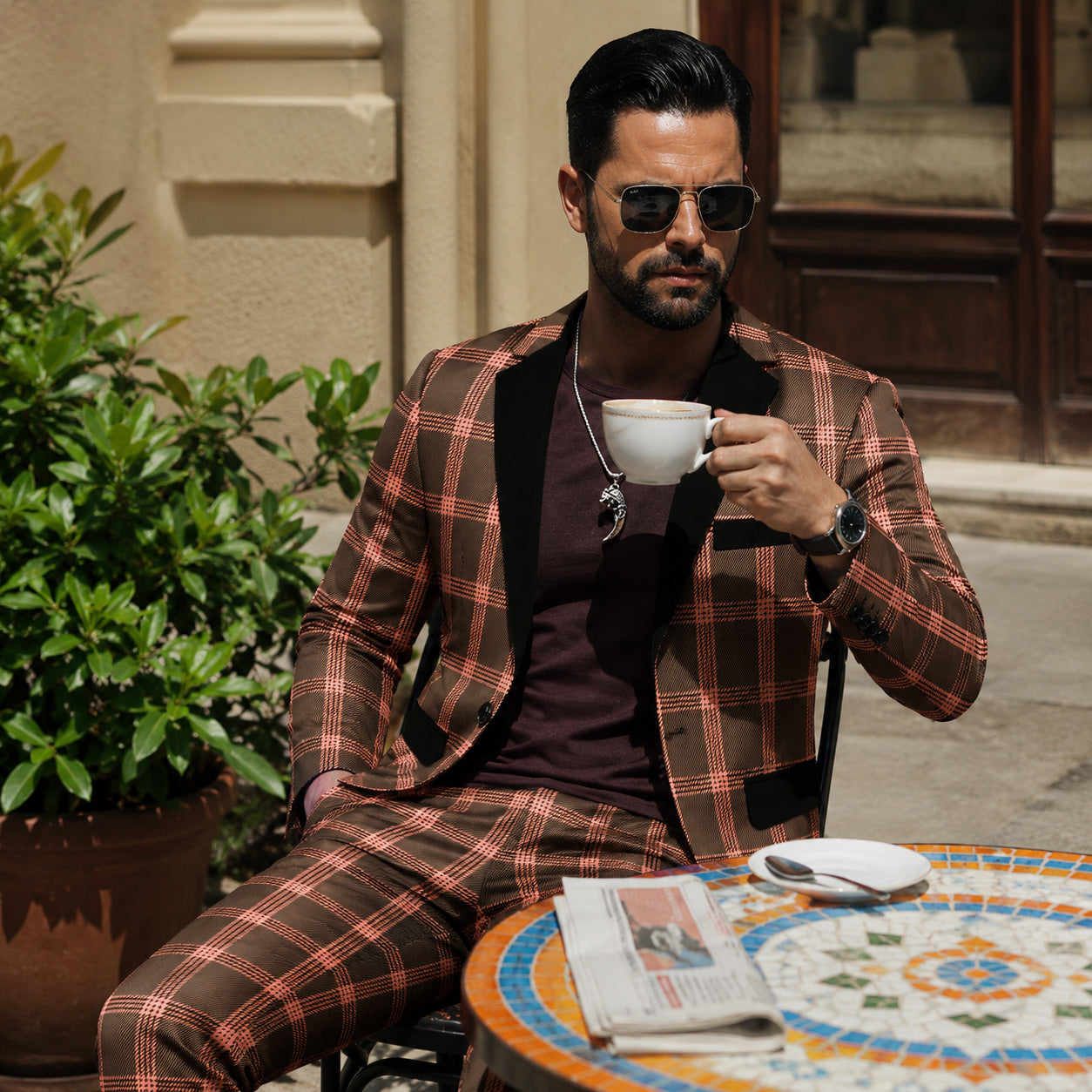 Wisholic luxury men's red magma statement suit co-ord set, showcasing the matching blazer and trousers styled for stage performance, parties, and upscale mix-and-match wear.