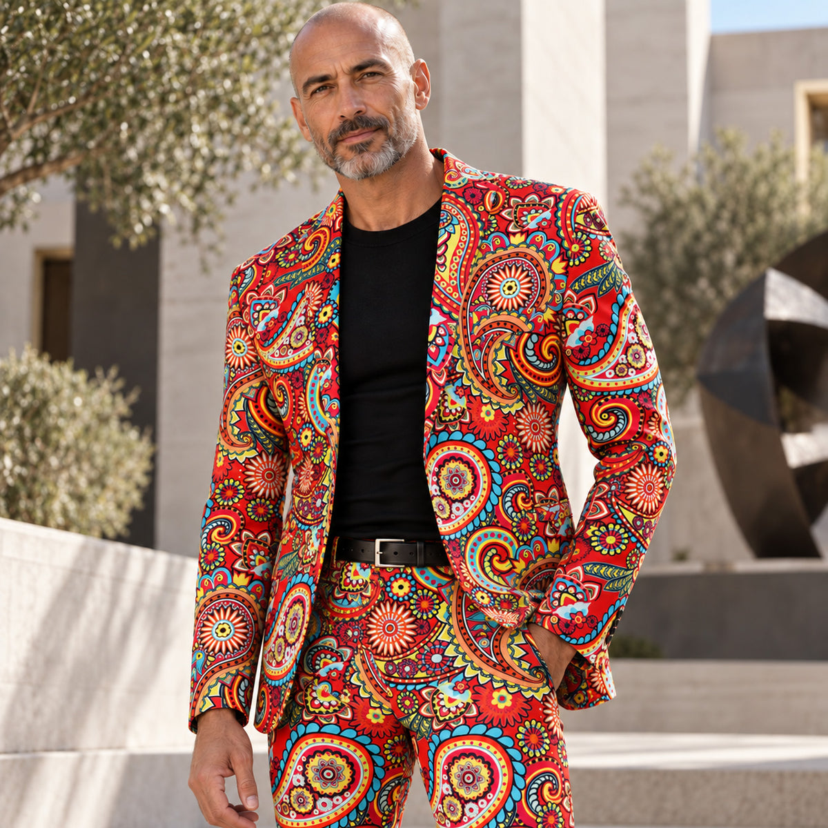 Wisholic men's red paisley printed 2-piece suit with vibrant boho pattern, front lifestyle view