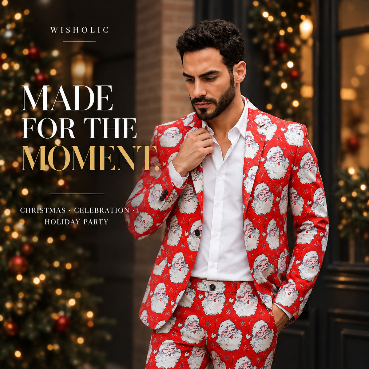 Wisholic men's vibrant red Santa Claus printed Christmas suit standing next to a decorated Christmas tree.