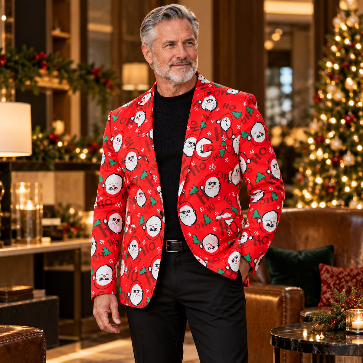 Model styled in a Wisholic red Santa Claus print holiday blazer paired with sleek black trousers in a decorated Christmas living room.