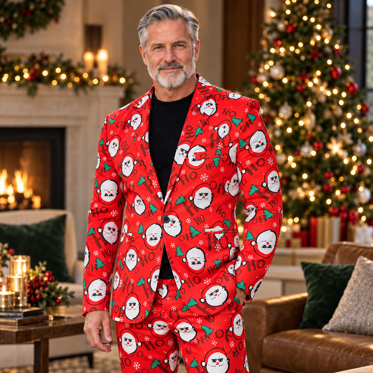 Wisholic men's red Christmas suit featuring all-over cartoon Santa Claus print and pine tree motifs worn by a model in front of a holiday tree.