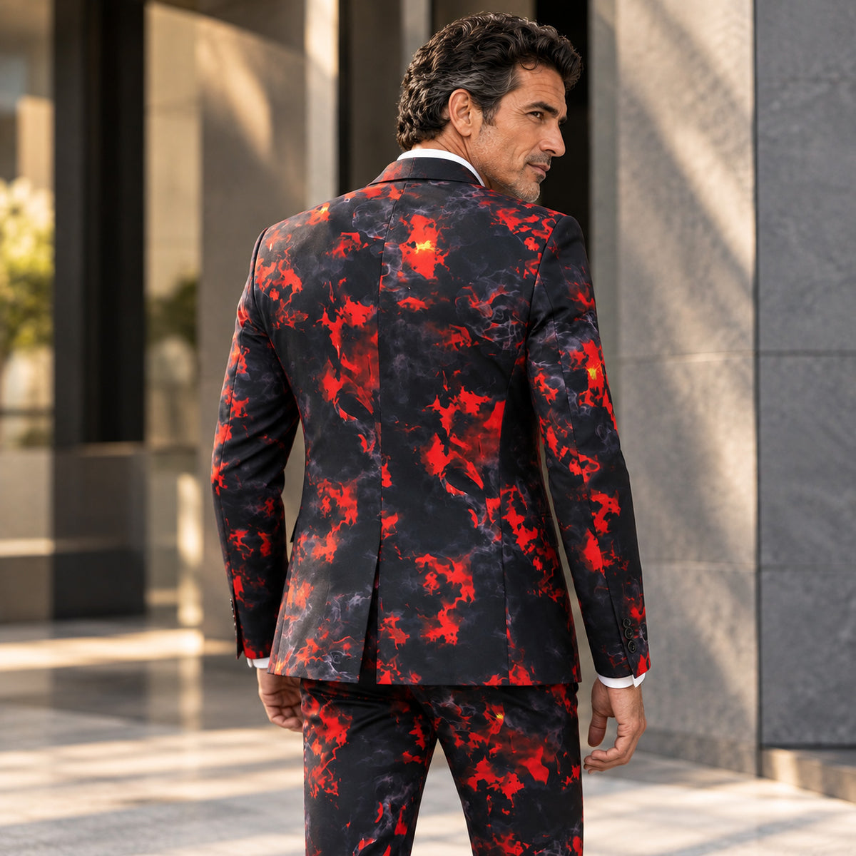 Back view of Wisholic men's red smoke print tailored suit jacket and matching pants