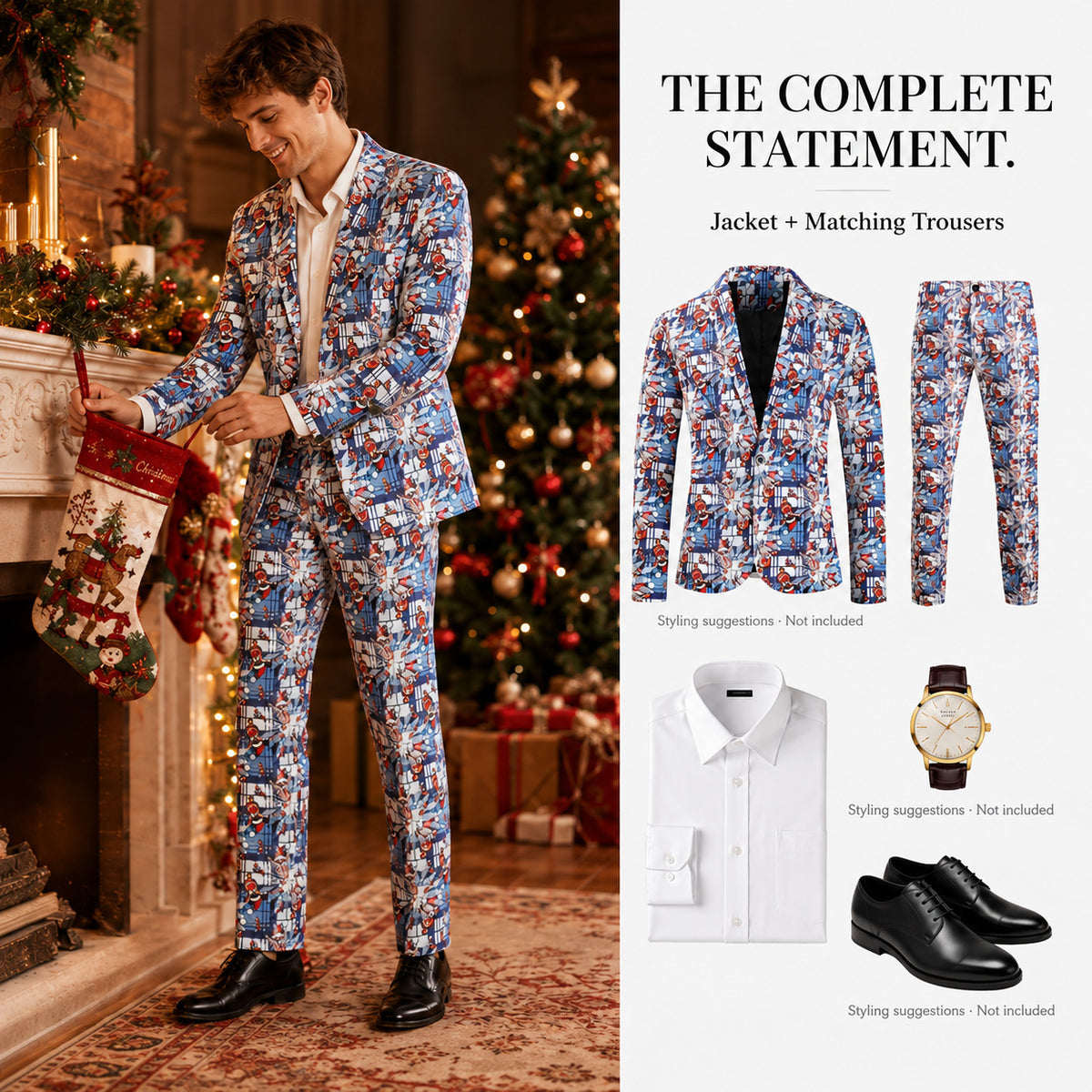 Wisholic 2-piece blue Christmas suit set for men featuring jacket, matching trousers, and holiday outfit styling ideas.