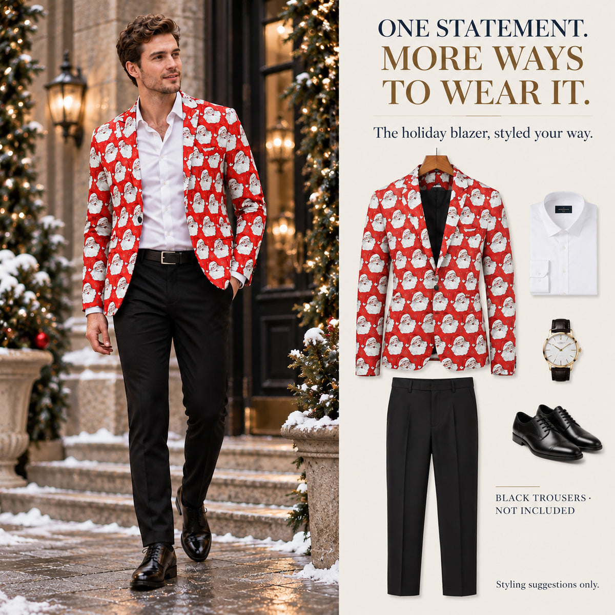 Wisholic men's Santa Claus pattern holiday blazer paired with black dress trousers for a versatile Christmas outfit.