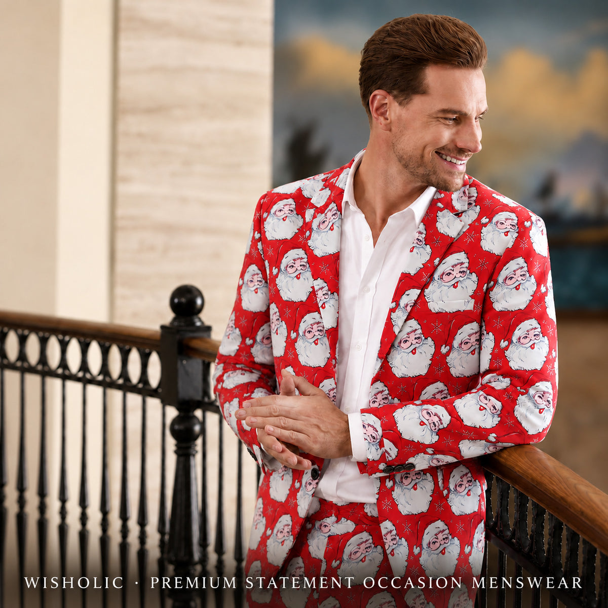 Wisholic men's Santa Claus pattern Christmas blazer jacket worn by a smiling model leaning on a balcony railing.