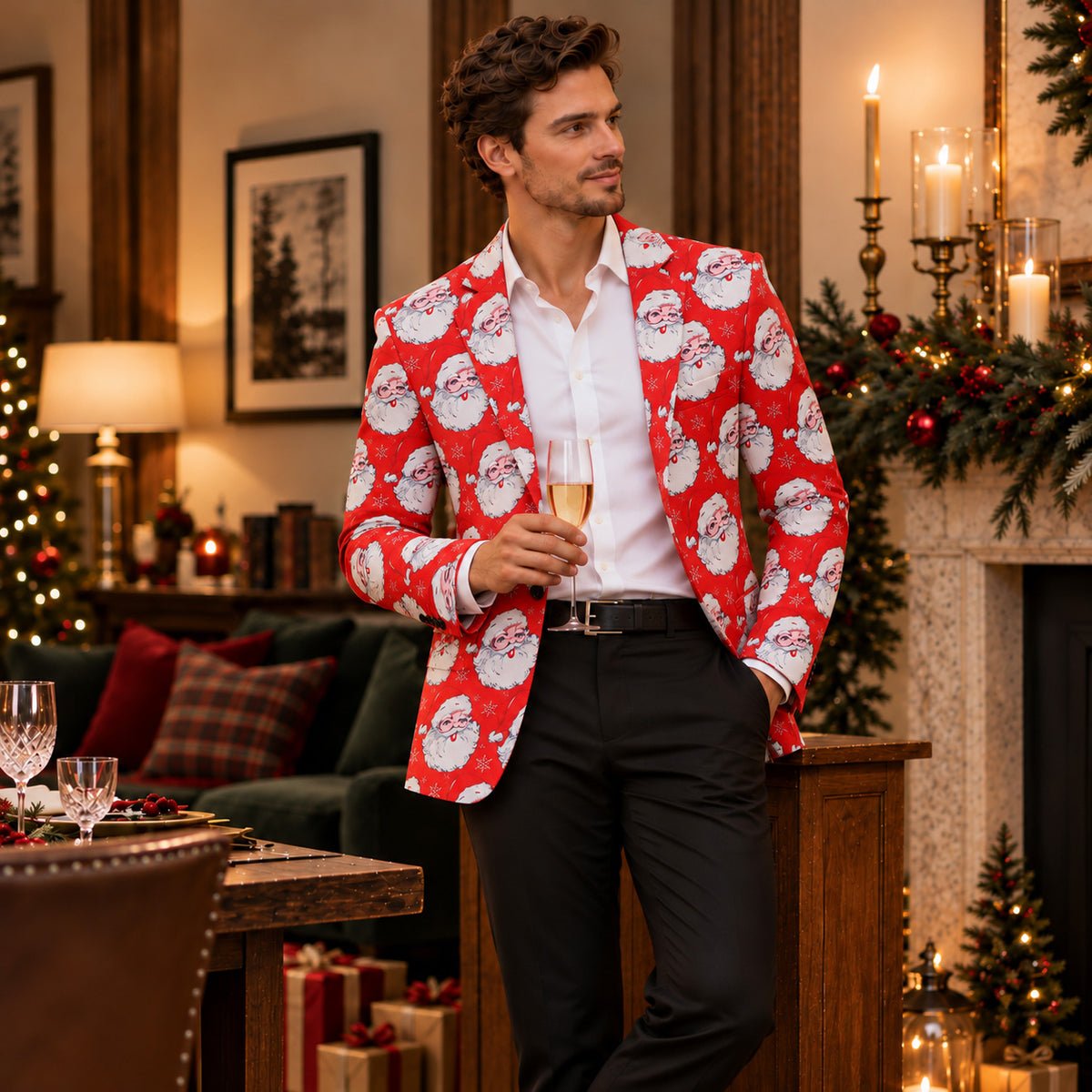 Model holding a glass in a warm holiday setting wearing Wisholic men's red Santa Claus pattern Christmas blazer.