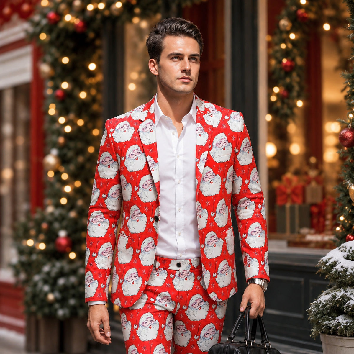 Wisholic men's red Santa Claus printed 2-piece Christmas suit styled with a white dress shirt in a festive outdoor winter setting.